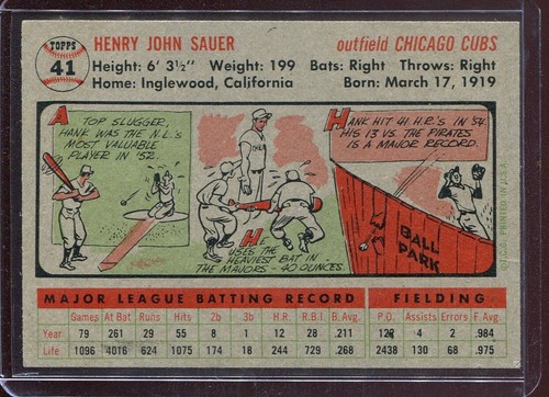 1956 Topps Baseball # 41 Hank Sauer "GB" (EX-MT) Excellent to Mint - Picture 2 of 2