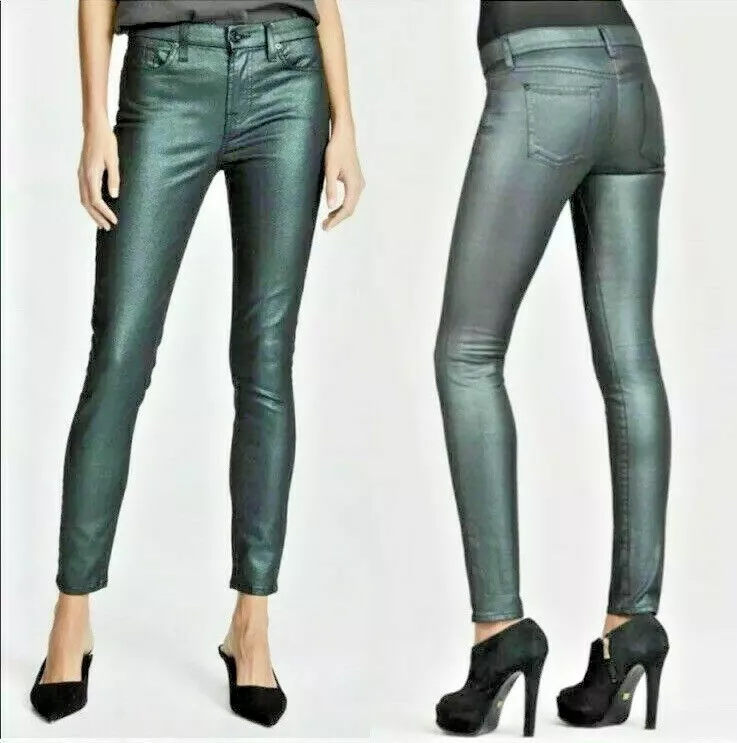 7 For All MANKIND EMERALD GREEN METALLIC SKINNY ANKLE JEANS Size 25 NWT
