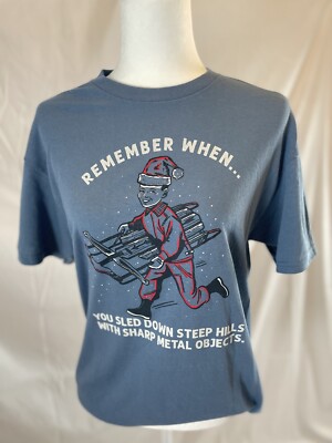 Adult M Blue HOLIDAY Christmas Remember When Vintage Style Winter Sled T Shirt