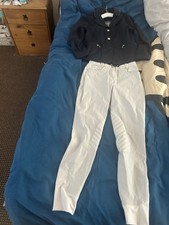 Mark Todd Ladies White Riding Jodhpurs Size 28 and navy blue show jacket size 32