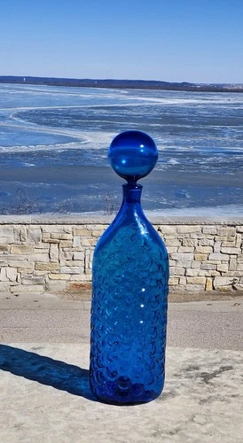 Vtg. 21.5" 1960 MCM Wayne Husted Blue Art Glass Blenko No. 6037 Decanter Stopper