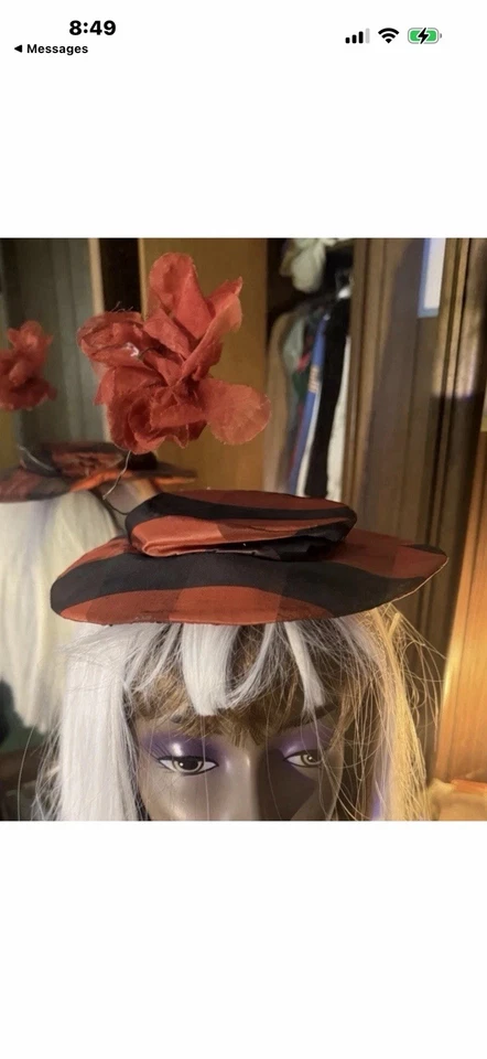 1940’s Black & Red Plaid Flower Top Hat Facinator Antique VTG - Image 2 of 4