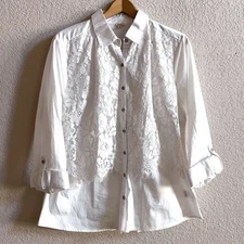 Reba Womens XL White Lace Button Down Shirt Roll Tab Sleeve Collared 100% Cotton