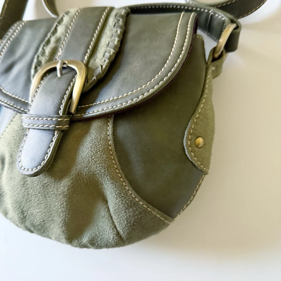 Vintage Y2K Olive Green Faux Suede Buckle Flap Shoulder Bag Crossbody Purse - Image 3 of 4
