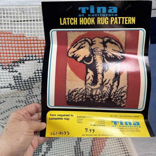 Tina of California ELEPHANT RG131 Latch Hook Rug Stamped Canvas 25" x 36" Vtg - Picture 2 of 2