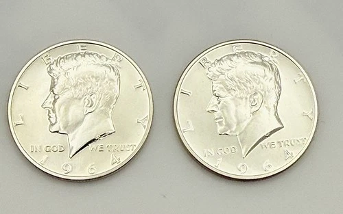1964 Kennedy Half Dollar Proof Silver 90% BU  2 Coin Lot #1140