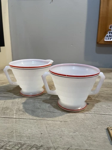 Vintage Milk Glass Hazel Atlas Red/Black Stripe Creamer & Sugar Bowl Set