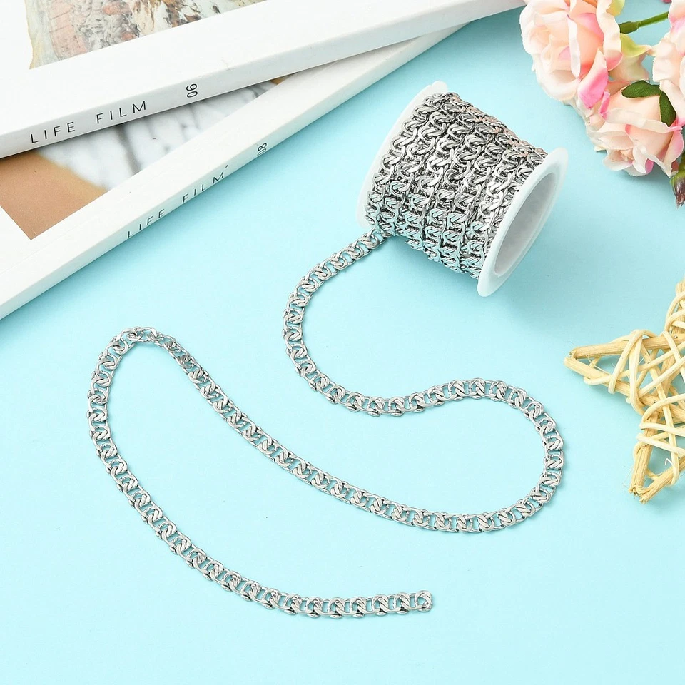 Cadenas de bordillo de 2,5 m de acero inoxidable sin soldar con carrete plateado para collar joyería Foto 3 de 4