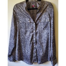 Vince Camuto Womens Dress Blouse Sz 14 Black Silver Print Button Up Silky Work