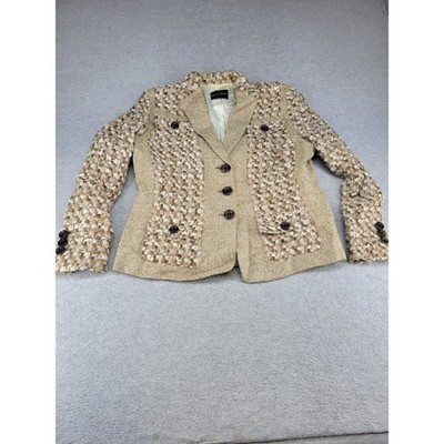 Rena Lange Blazer Jacket Womens 16 Wool Silk Tweed Herringbone Ivory Brown
