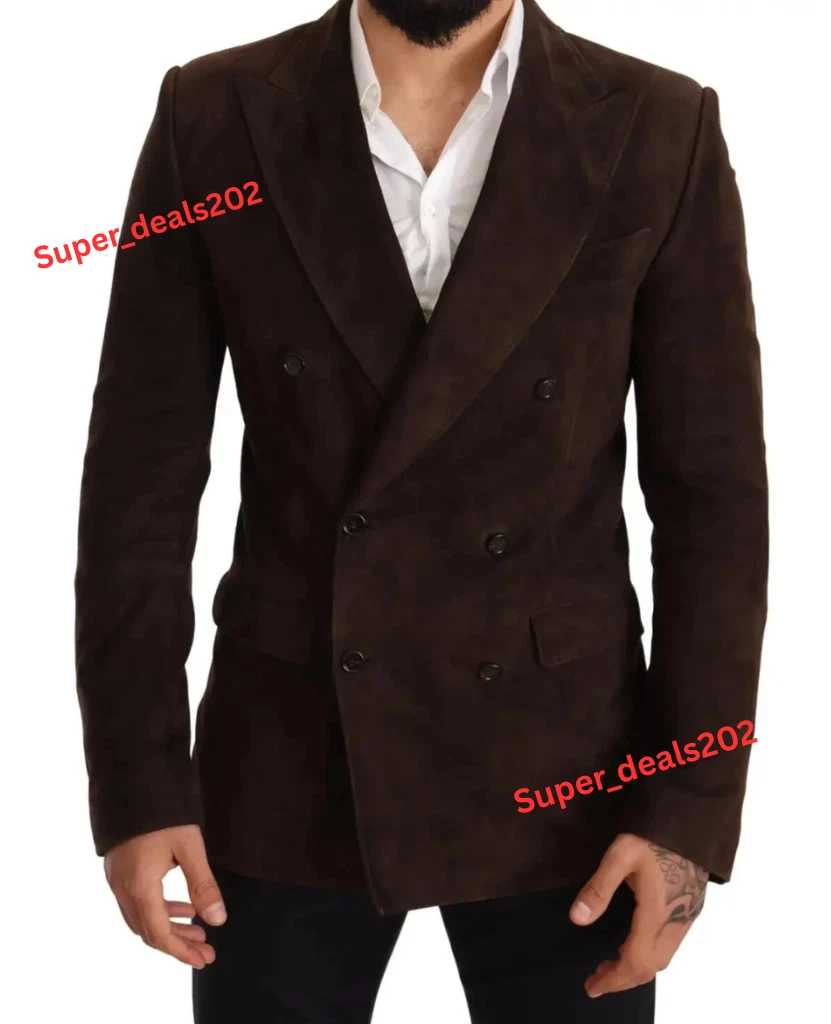 Men's Suede Leather Blazers Dark Brown Double Breasted Handmade Designer Formal