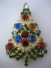 Vintage Eisenberg Ice Gold Tone Christmas Tree Multi-Colored Rhinestones Brooch