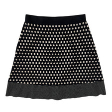 J McLaughlin Sz M Polka Dot Knit A-line Skater Skirt Stretch Black Cream Office