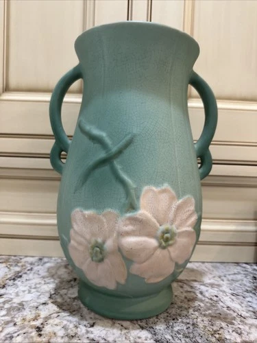 Weller Pottery 1930s Double Handled Wild Rose Dogwood Vase  Sea Foam Green 12.5"