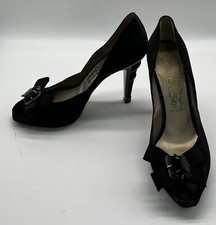 Salvatore Ferragamo Black Manuela Satin Peep Toe Pump w/ Jewel/Bow sz 9