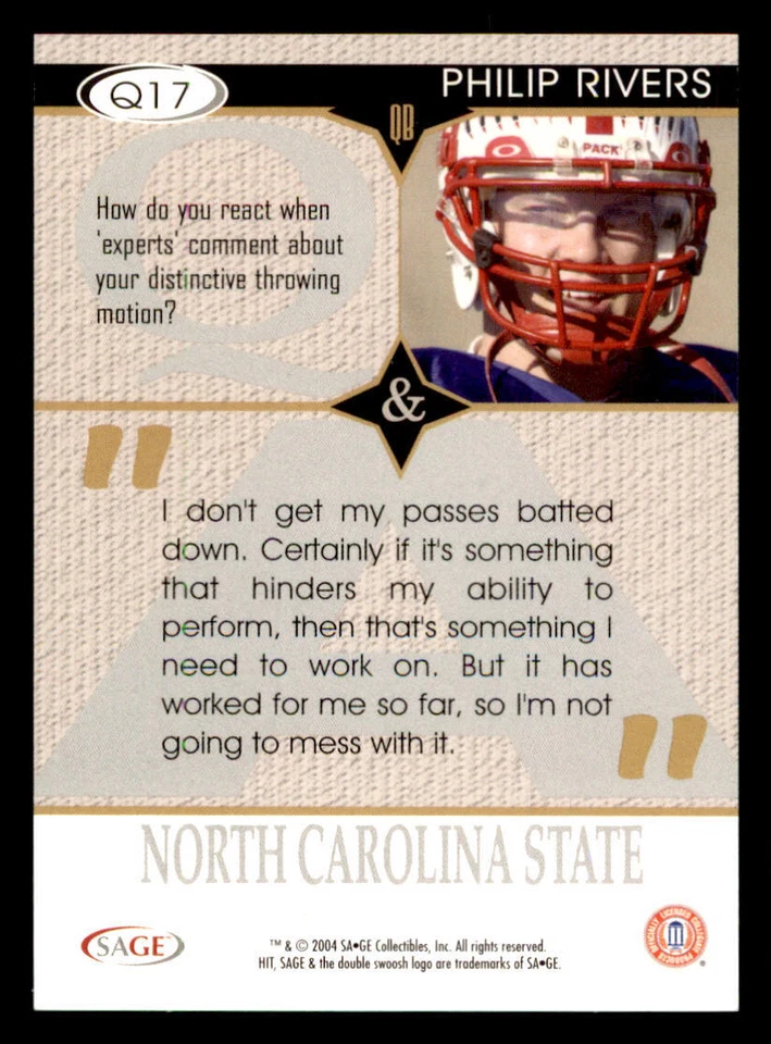 2004 SAGE HIT Q&A Silver #Q17 Philip Rivers - Image 2 of 2
