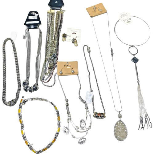 Womens Costume Jewelry Lot 10 Pc Silver Toned Necklace Earrings