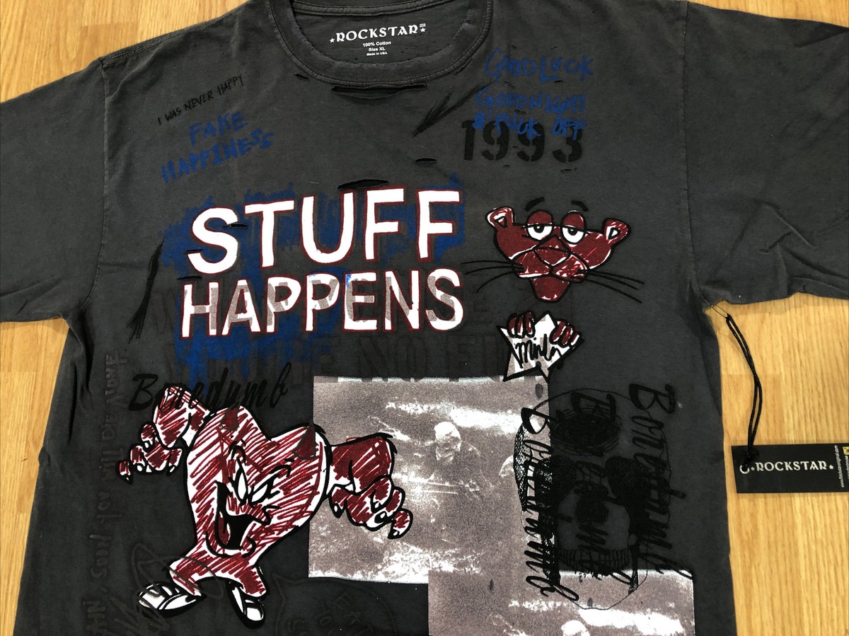 Rockstar Original STUFF HAPPENS Mens T-Shirt with Rips and Tears