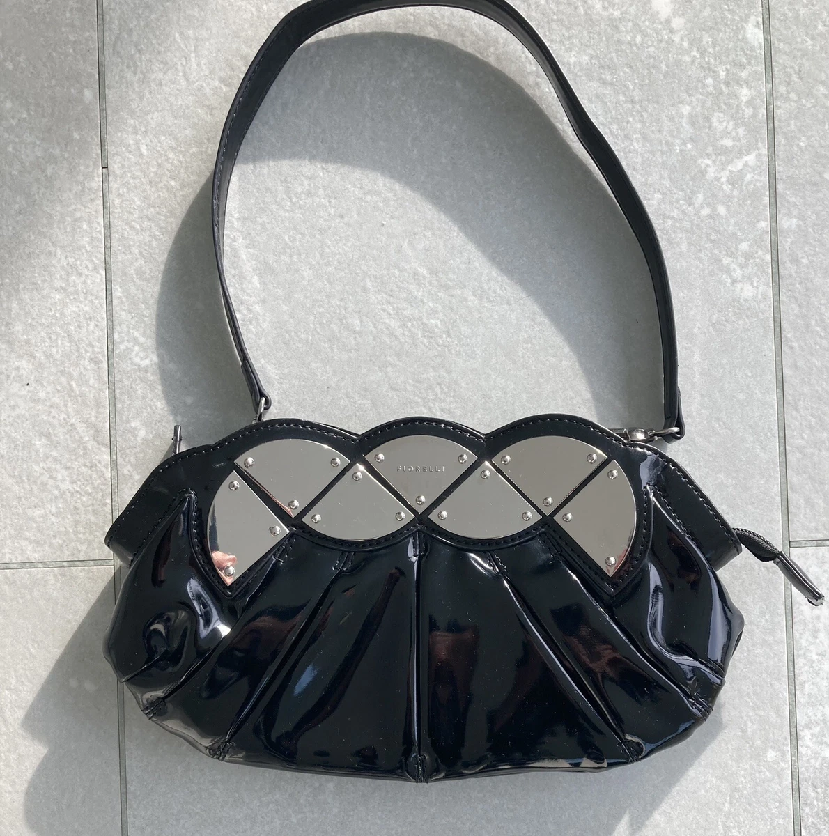 FIORELLI Black Patent Clutch Bag with Stainless Steel Detail Optional Strap