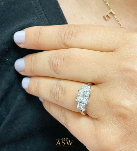 14K SOLID WHITE GOLD PRINCESS SIMULATED DIAMOND ENGAGEMENT RING THREE STONE 2.00 - Picture 9 of 12