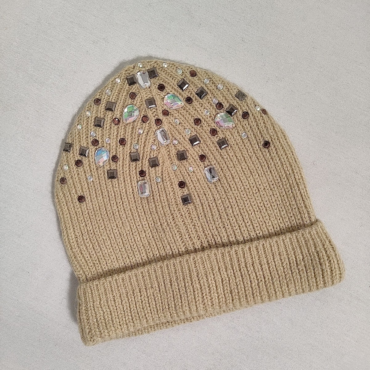 Mixit Women's Hat Jeweled Beanie One Size Knitted Beige Acrylic