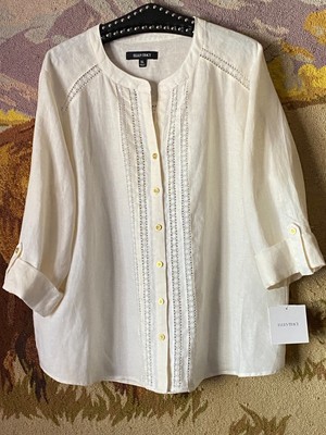 NWT Ellen Tracy Sz XL Linen Blouse Shirt Ivory Lace Decorated Roll Up 3/4 Sleeve
