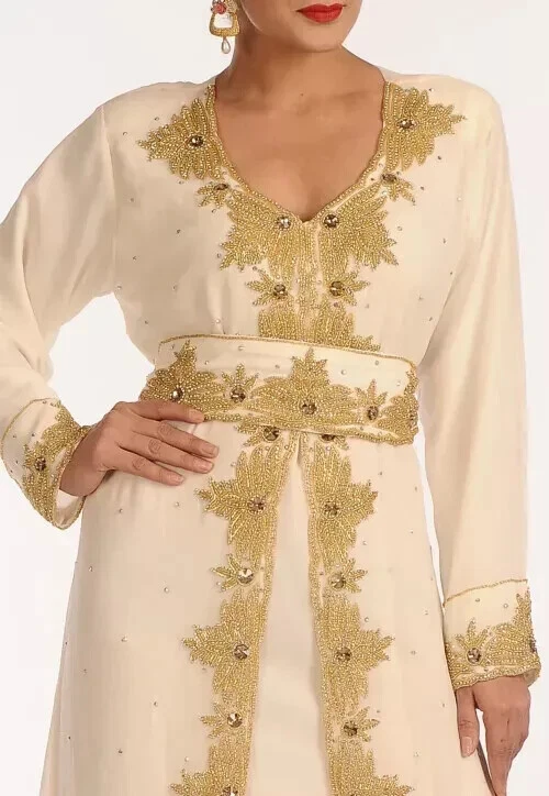 OFF WHITE Abito da sposa fantasia festa marocchino georgette Dubai bianco sporco abito abaya