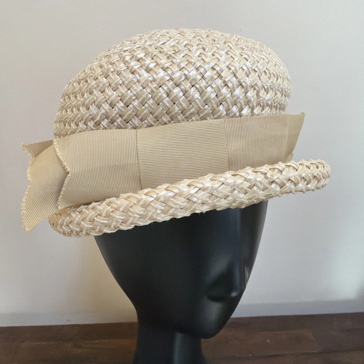 Vintage Church Hat Yellow Straw Basketweave Grosgrain Bow Rockabilly USA Made Vintage Mr. Charles Raffia Hat: 1960s Yellow Woven Straw  main image 2