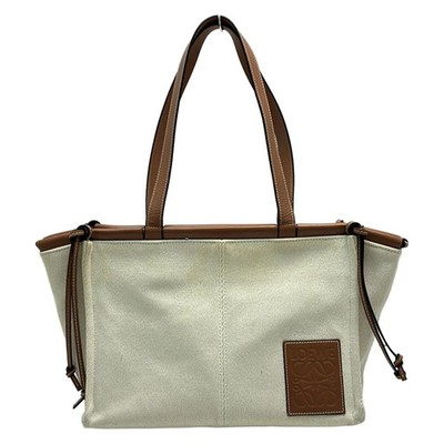 Auth LOEWE Cushion Tote Cream Brown Canvas Leather Tote Bag