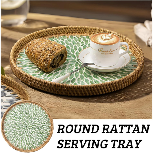 Round Rattan Tray with Mother of Pearl Inlay, Decorative Wicker Serving Tray wit - Picture 4 of 12