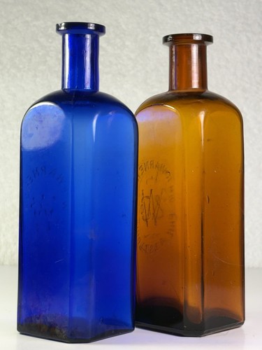 PAIR COBALT AMBER WR WARNER SQUARE DRUGSTORE MEDICINE BOTTLES 1870S PA ST LOUIS - Picture 14 of 22