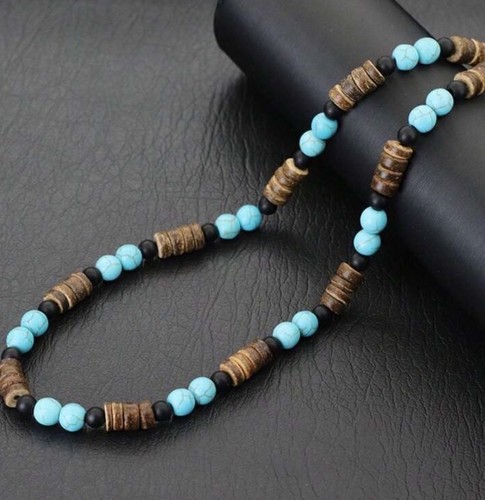Bohemian Style Men's Wooden Bead Necklace - Vintage-Inspired Clavicle Chain - Picture 1 of 2