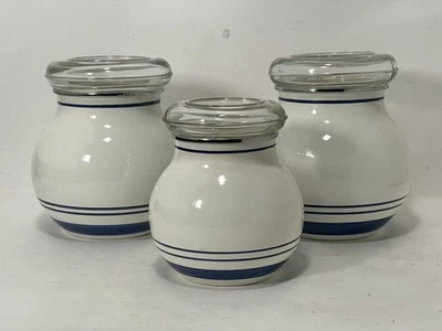 Set of Three Ikea 18914 Blue Stripe Cream Enamel Canisters Glass Lids VGC - Image 1 of 4