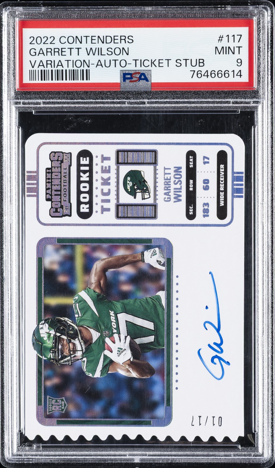 2022 CONTENDERS VAR-AUTO-TKT STUB #117 GARRETT WILSON 1/17 PSA 9