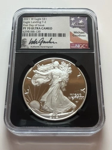 2021-W T-2 Proof American Silver Eagle FDOI PF70 ULTRA CAMEO Gaudioso Signed