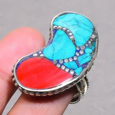 Tibetan Turquoise Red Coral Handmade Boho Nepali Jewelry Adjustable Ring SR 3373