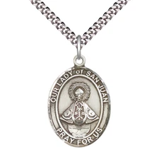 Large Sterling Silver Our Lady of San Juan Medal 24" Lobster Claw Chain Necklace