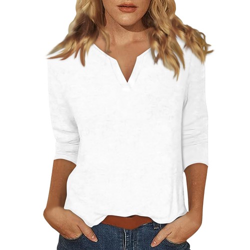 Women's 3/4 Sleeve V-Neck T-Shirt Summer Casual Solid Color Loose Tops Blouse HB - Picture 47 of 52