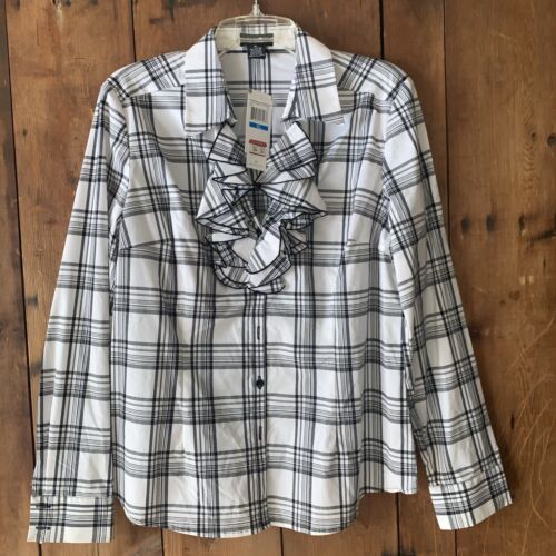 SPENSE Women's Sz XL Button up L. Sleeve Shirt Ruffled Front NWT Black White