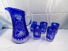Cobalt Blue Cut to Clear Crystal Water Set - Pitcher & 5 Tumblers
