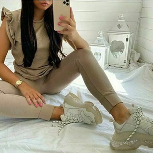 Damen Trainingsanzug Frill Schößchenärmel kastenförmig Oberteil Damen Lounge Wear Set - Bild 6 von 11