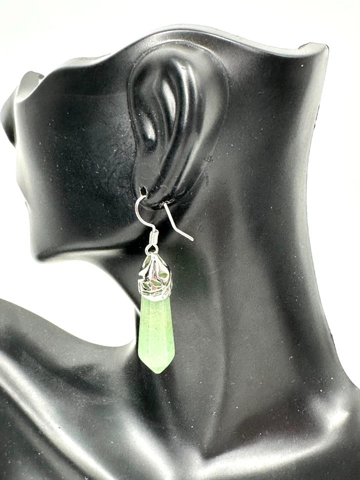 Pendientes colgantes de piedra aventurina verde pulida natural tono plata Foto 3 de 4
