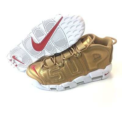 NWT Nike Supreme NY Mens Gold Metallic Air More Uptempo Sneakers