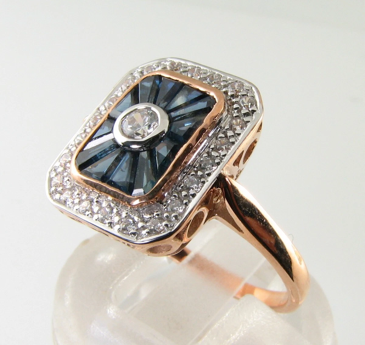 Anillo Cluster 9K Oro Rosa, Zafiro Diamante Rose Gold, Talla Francesa