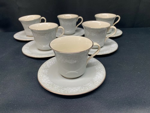 Ridgewood "CHAMPAGNE LACE"  Gray Border ~ Set of 6 ~ Cups & Saucers ~ 3" Tall