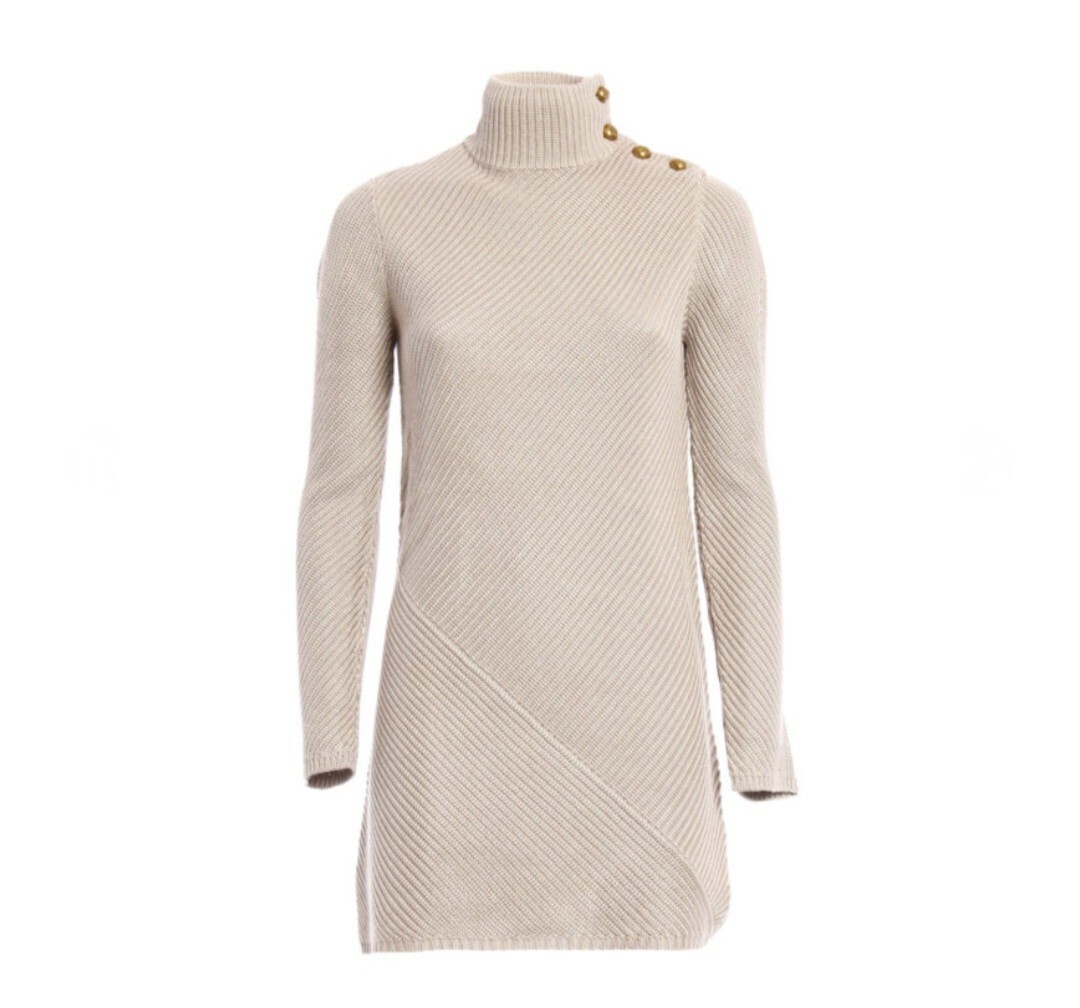 Tory Burch Brodie Tunic Mini Dress Sweater Turtleneck Beige Knit Gold Buttons S thumbnail 5