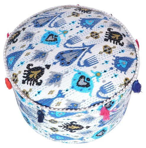 Handmade 22" White Ikat Kantha Ottoman Pouf Pouffe Chair Foot Stool Moroccan - Picture 2 of 5