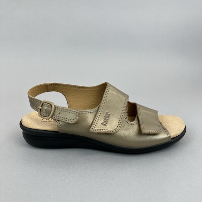 Hotter Easy Gold Leder Riemchen Slingback offene Zehenpartie Sommer Keilabsatz Sandalen UK6 Std