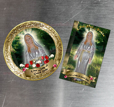 Our Lady of Good Help gold round and rectangular custom refrigerator magnets.