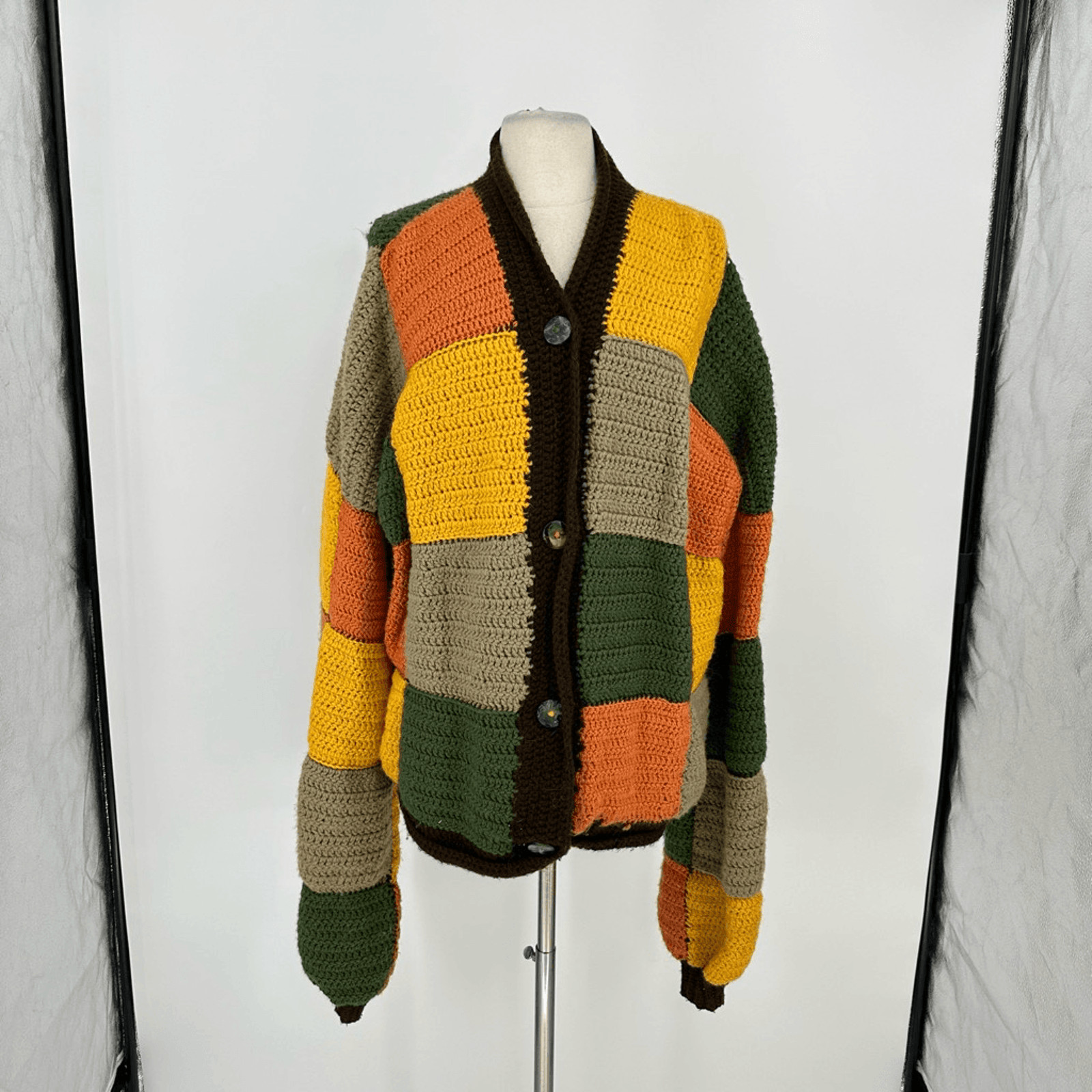 90s Hippie Hand Knit Cardigan Sweater Womens L Harry Styles Pattern Patchwork image 3